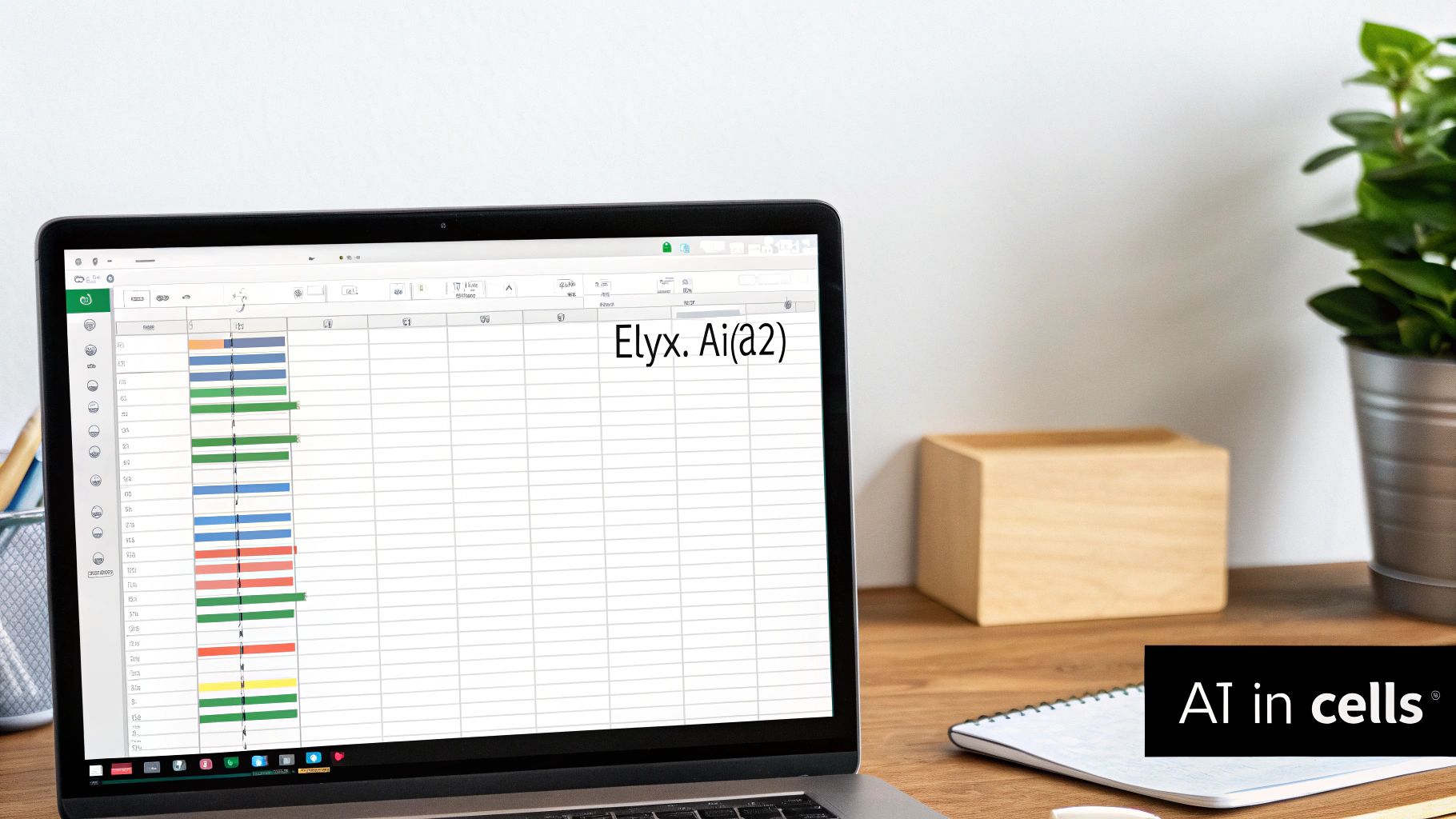 A modern workspace showing an Excel spreadsheet with AI formulas dynamically generating content in cells.