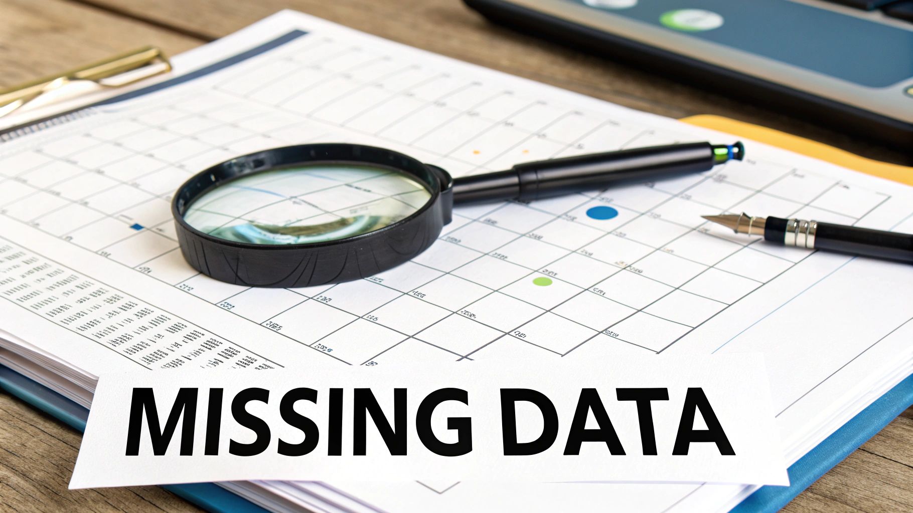 A magnifying glass and pen rest on a data chart, with a prominent note reading 'MISSING DATA'.