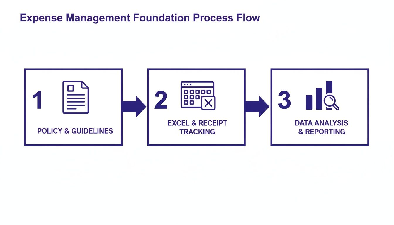A three-step expense management process flow diagram showing policy, tracking, and data analysis.