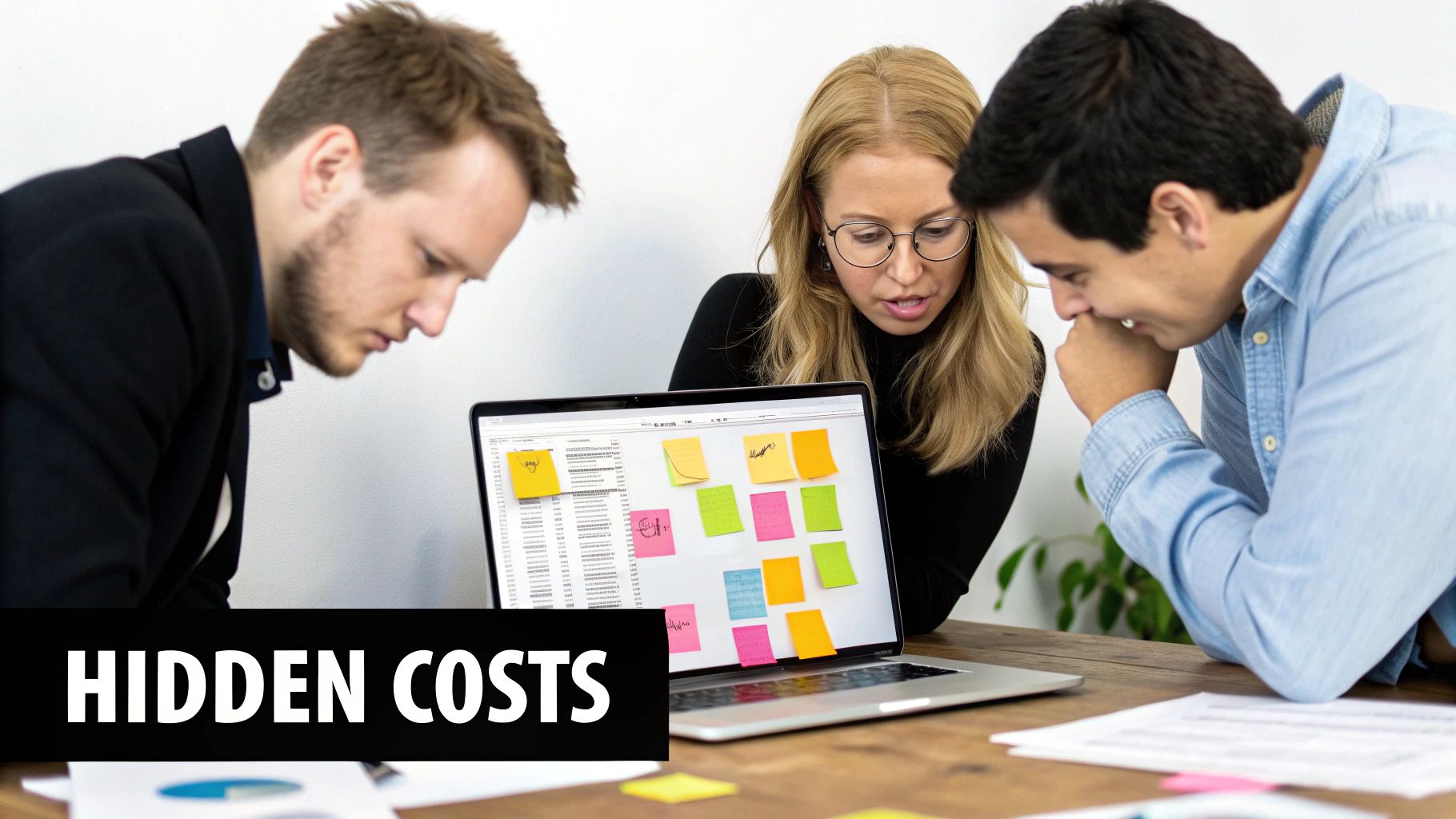 A team looking stressed while working with complex spreadsheets, illustrating the hidden costs of inefficient workflows.