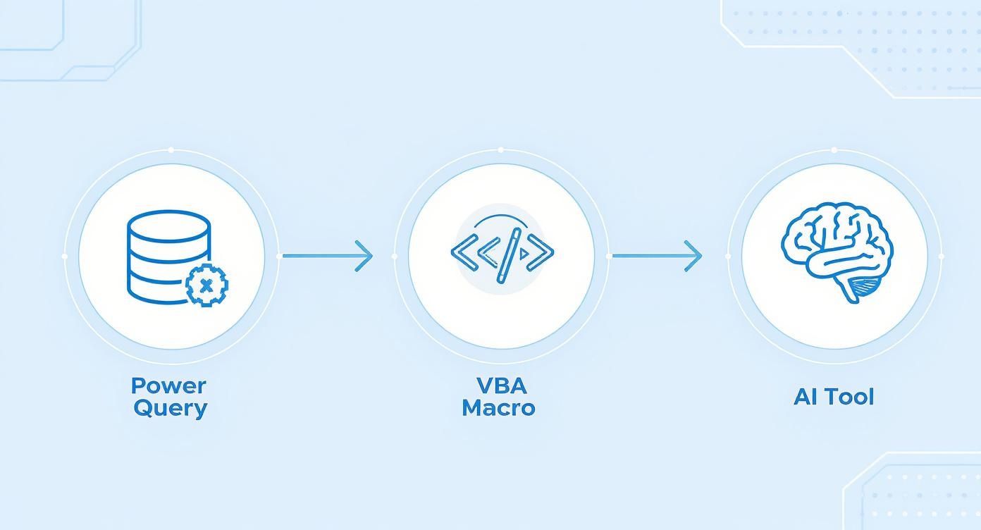 A blue diagram showing data flow from Power Query, through VBA Macro, to an AI tool.