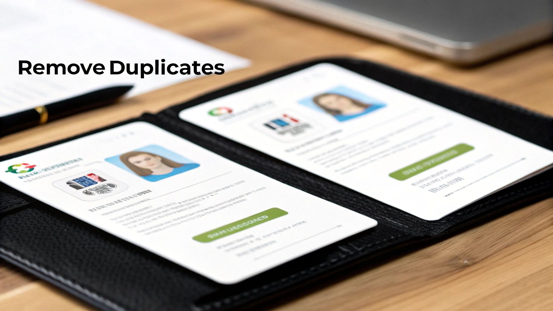 Two identical digital identity cards with a woman's photo displayed in a black wallet, emphasizing duplicate data.