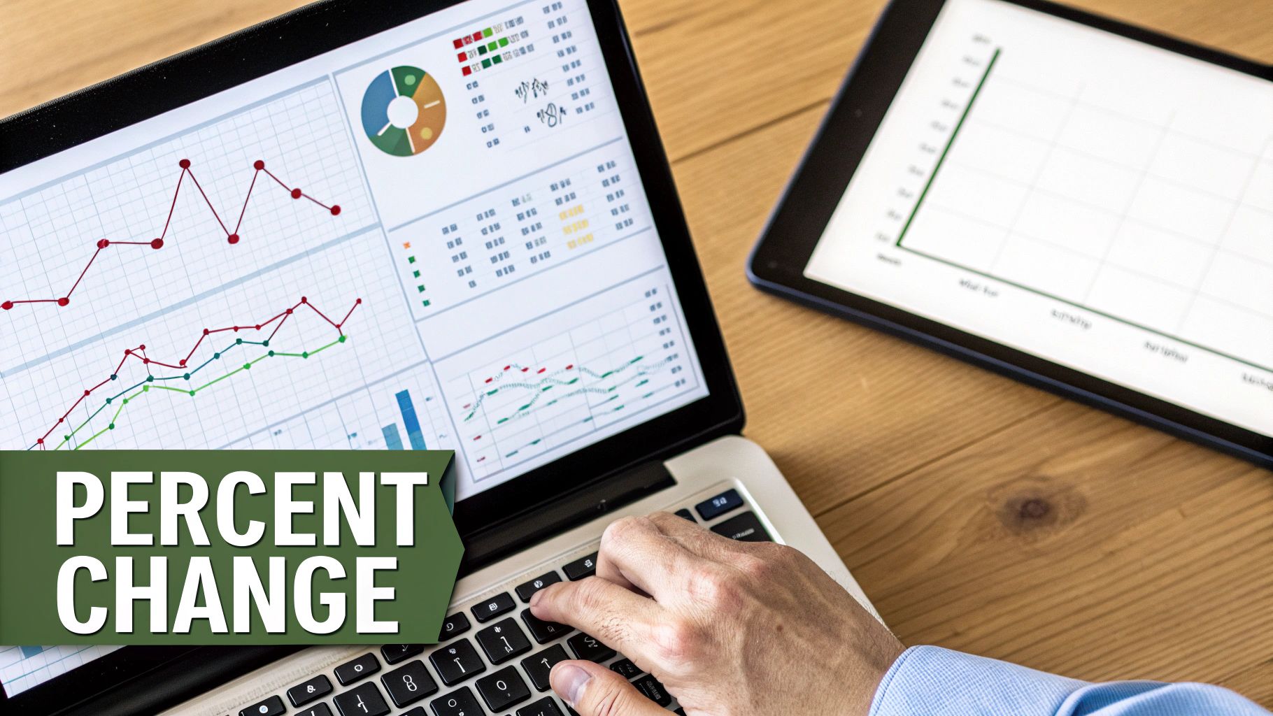 A hand typing on a laptop displaying financial charts and graphs with a 'PERCENT CHANGE' banner.