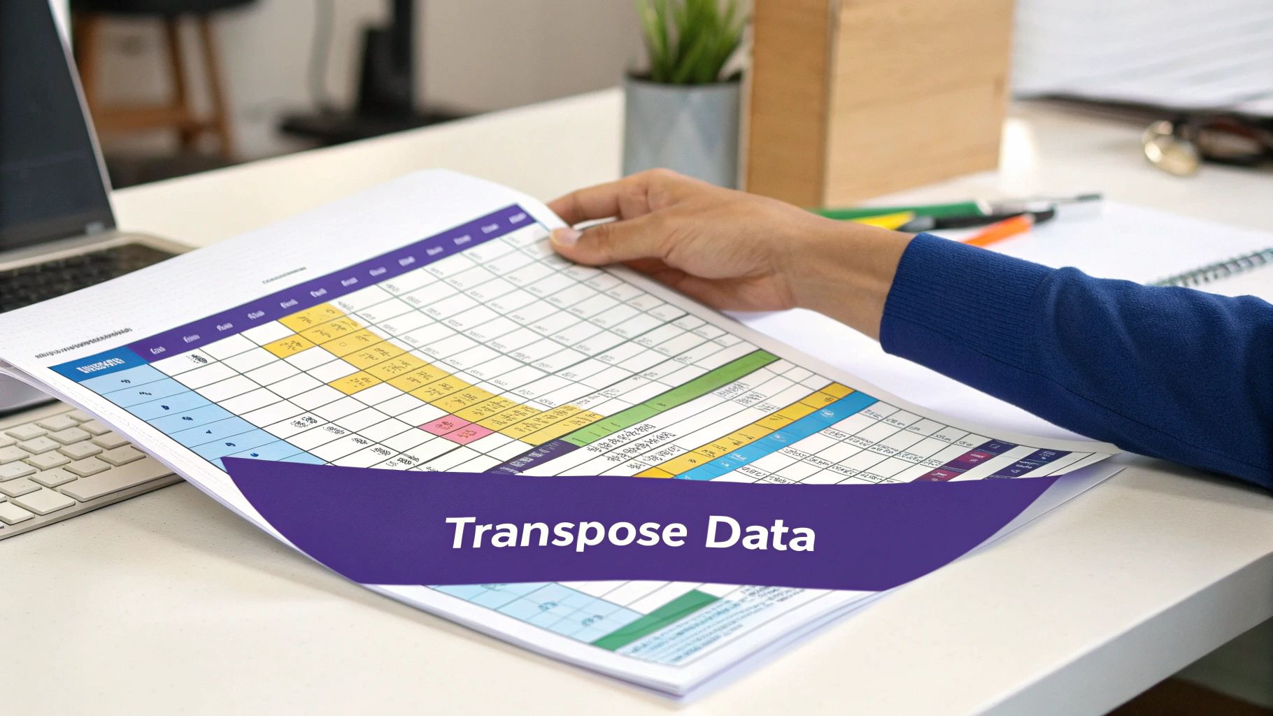 A person's hand holds a colorful data sheet with 'Transpose Data' text on a desk.