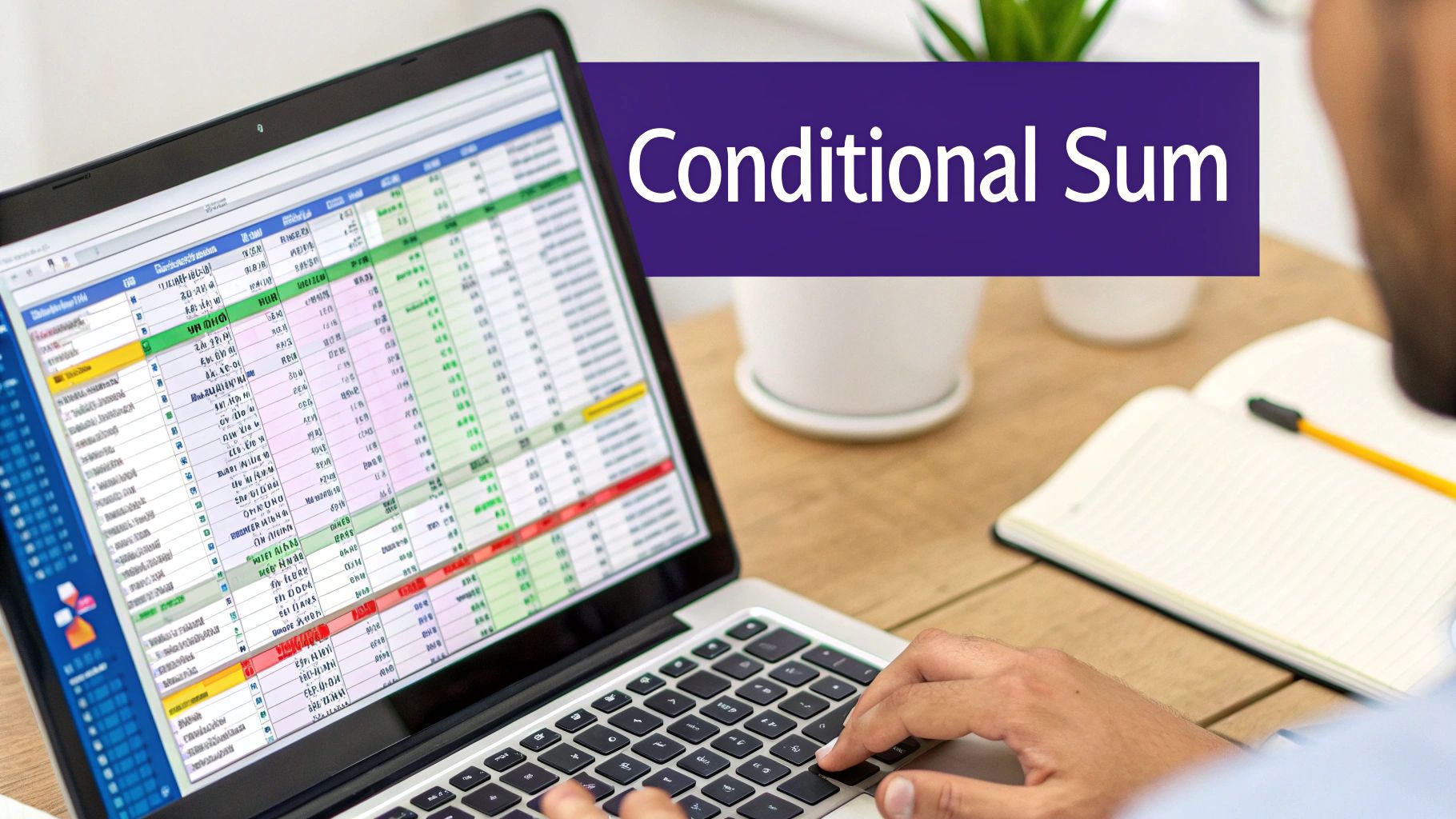 A person types on a laptop displaying a spreadsheet with conditional formatting, showing 'Conditional Sum'.