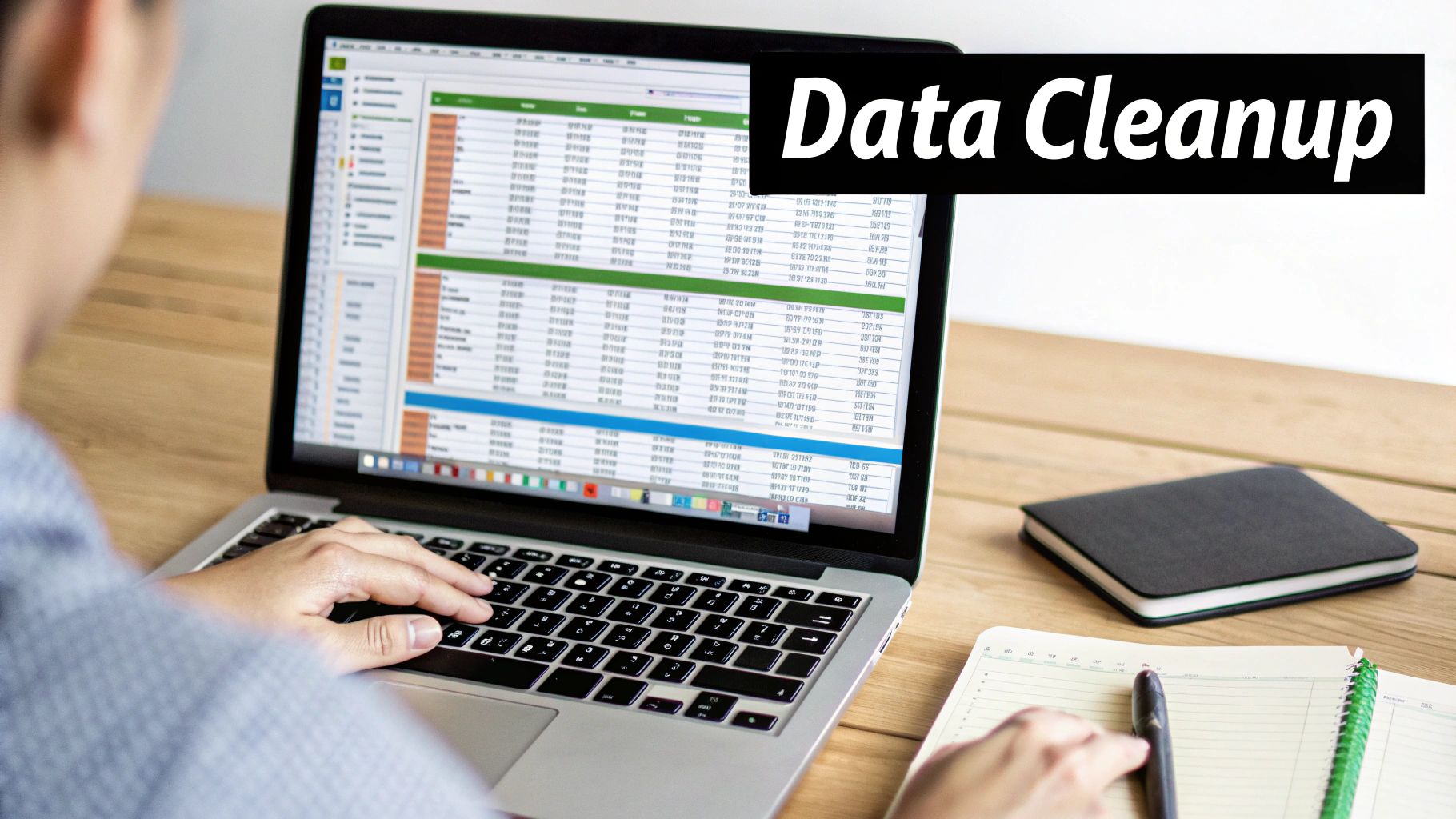 Person analyzing sales data on a laptop, working on a spreadsheet for data cleanup.