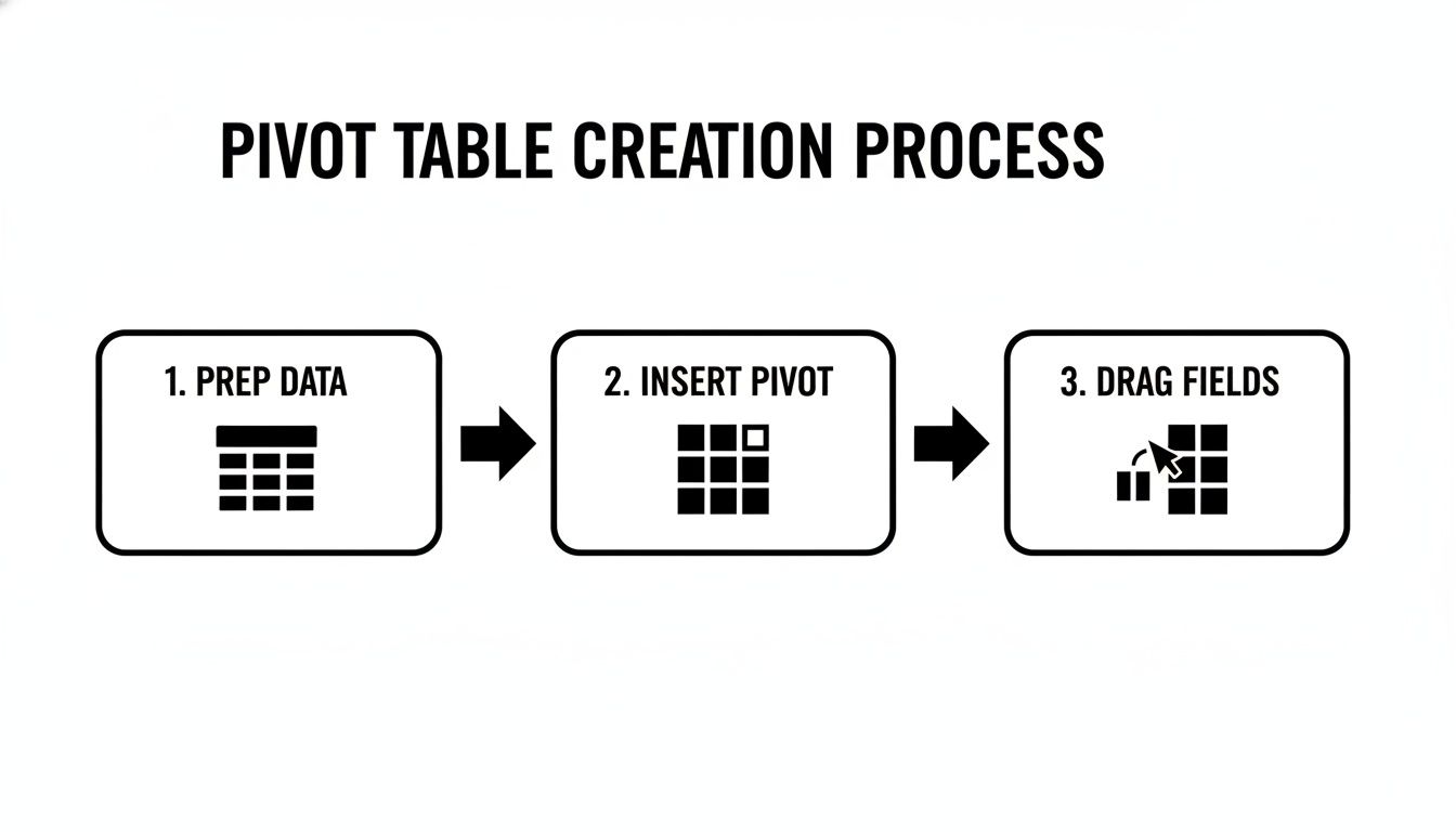 Flowchart showing three steps to create an Excel pivot table: prep data, insert pivot, and drag fields.