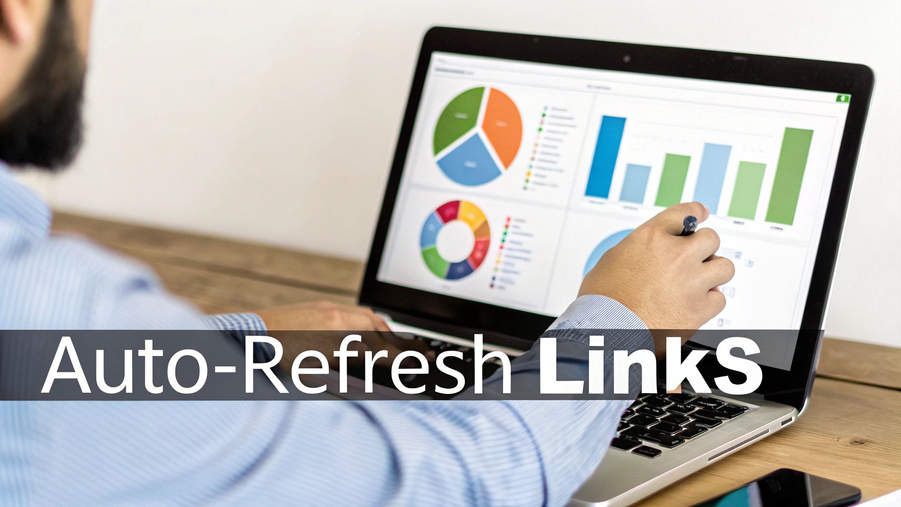 A laptop screen showing a PowerPoint presentation with dynamically updated charts and a hand pointing to a refresh icon.