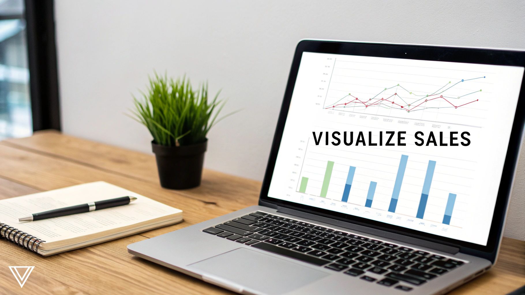Laptop on a wooden desk showing sales data visualizations with line graphs and bar charts.