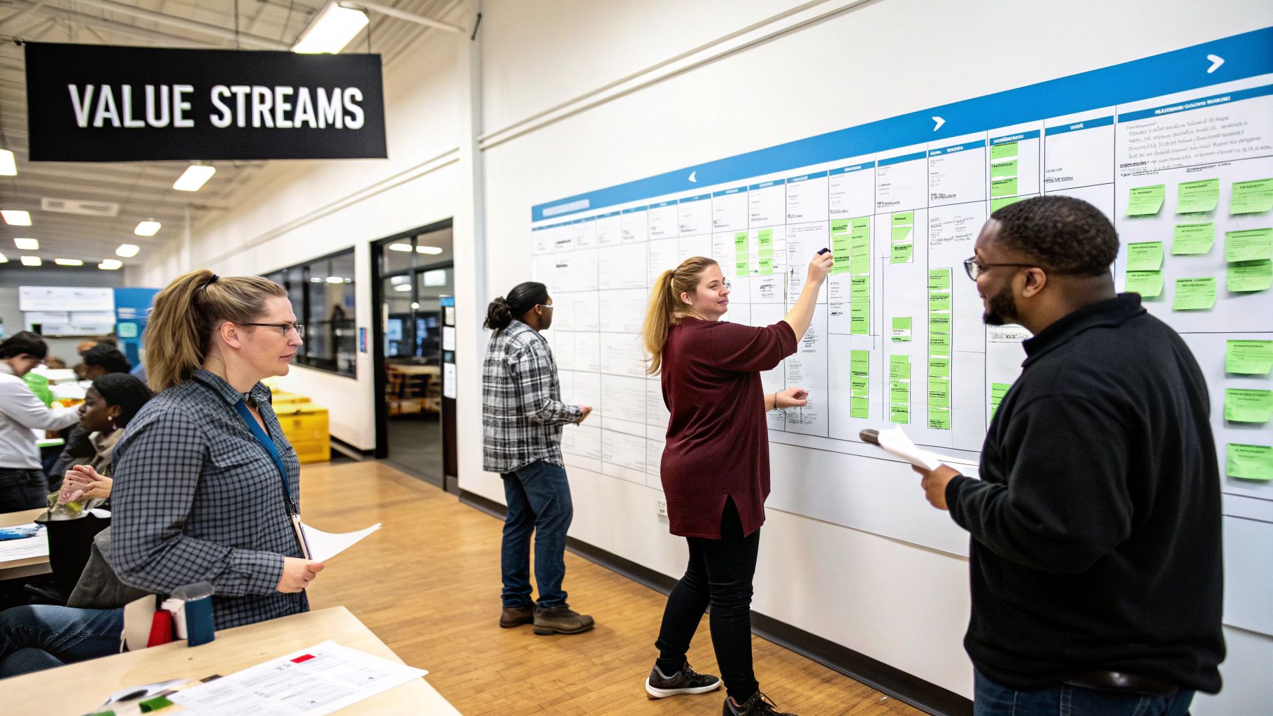 A diagram illustrating the flow of a value stream, showing resources aligned along a customer-focused process rather than in separate functional departments.