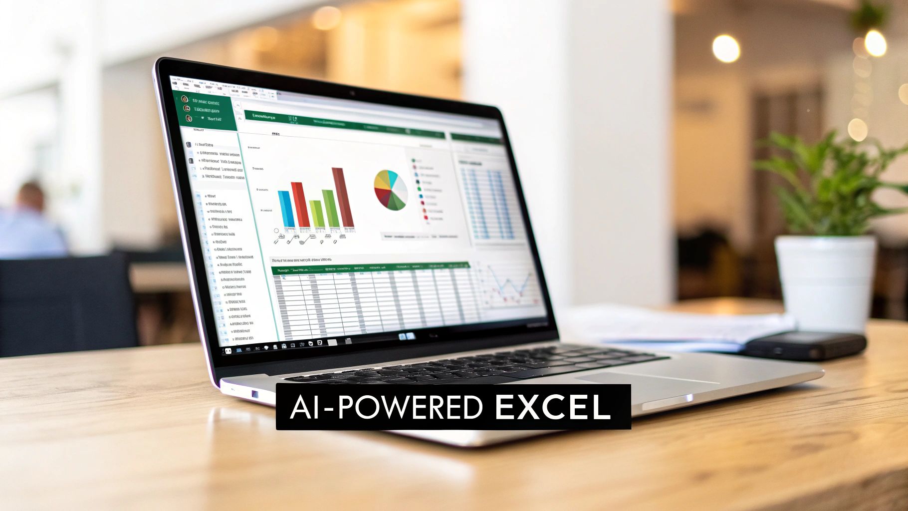 A data analyst working on a laptop with charts and graphs displayed, illustrating the concept of AI in Excel.