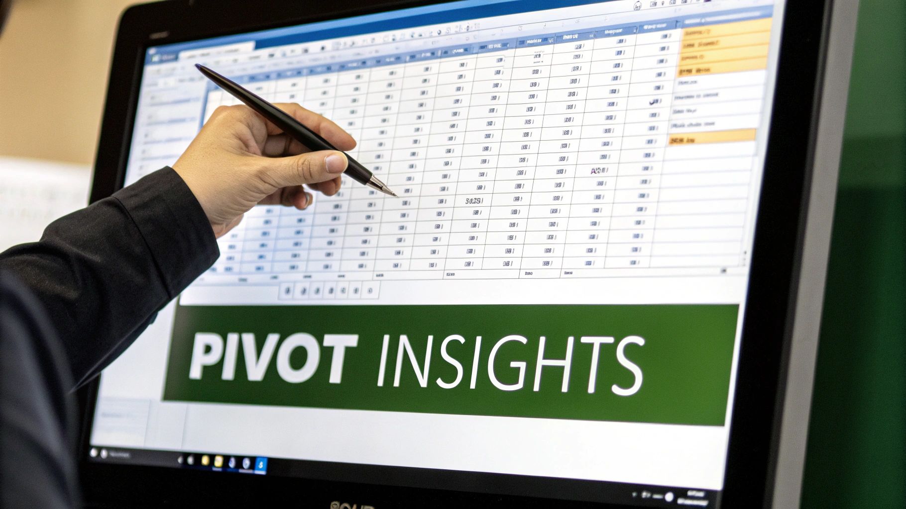 A hand with a stylus points at a computer screen displaying a spreadsheet and 'PIVOT INSIGHTS' logo.