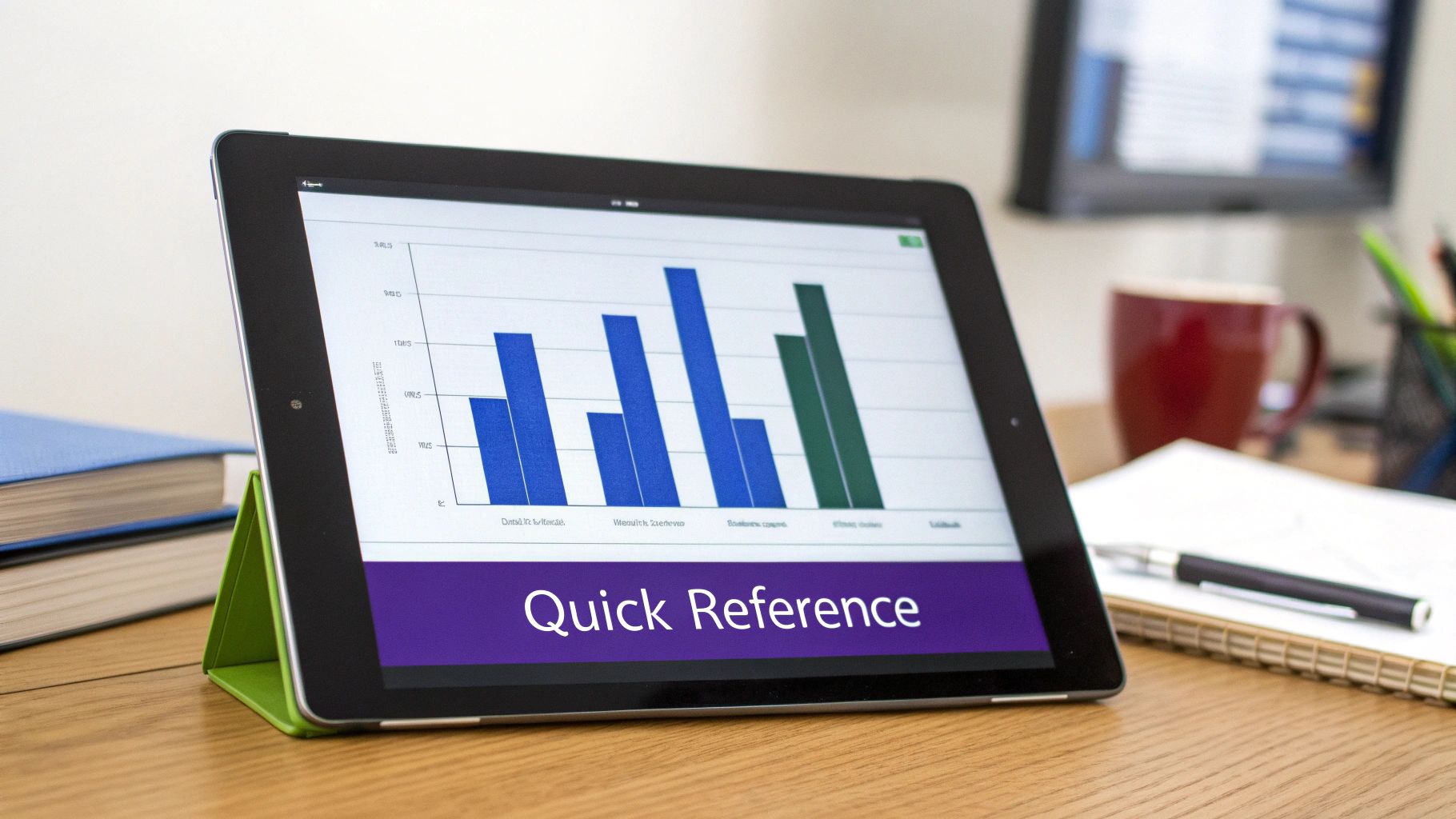 A tablet displaying a bar chart and 'Quick Reference' on a wooden desk with office supplies.