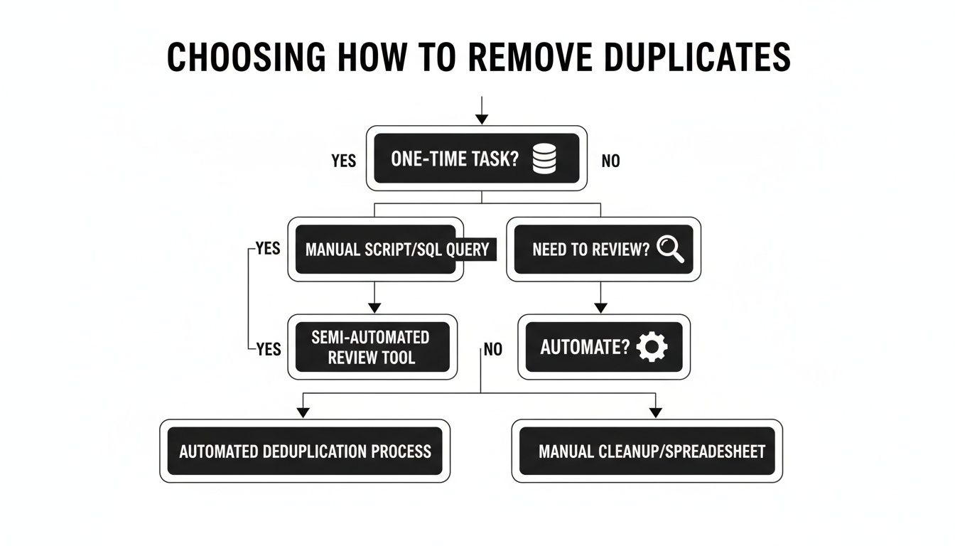 Flowchart guiding the choice of methods for removing duplicate data, from manual to automated processes.