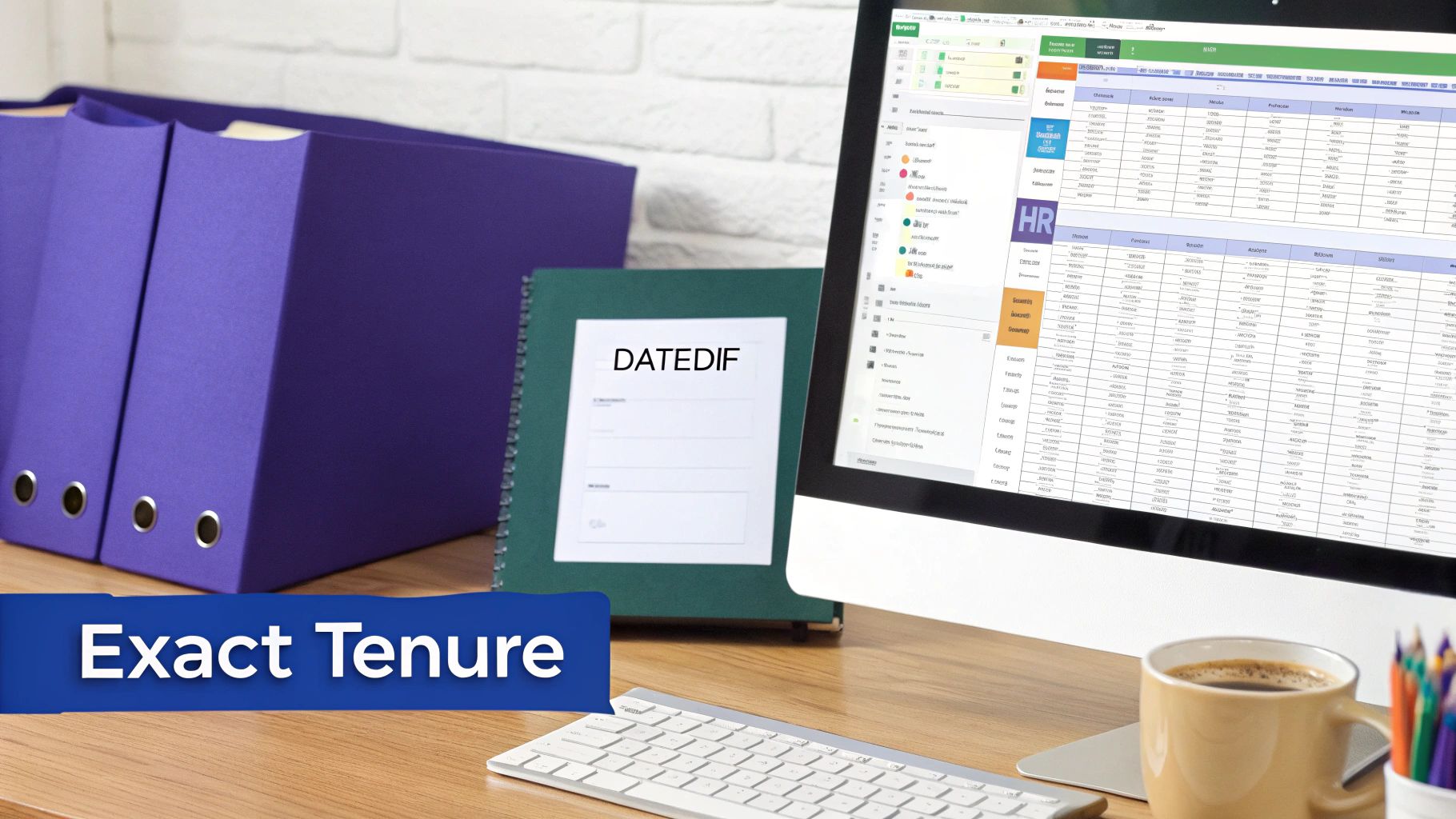 A desk with a computer displaying HR data, binders, a notebook with 'DATEDIF', and 'Exact Tenure' text.