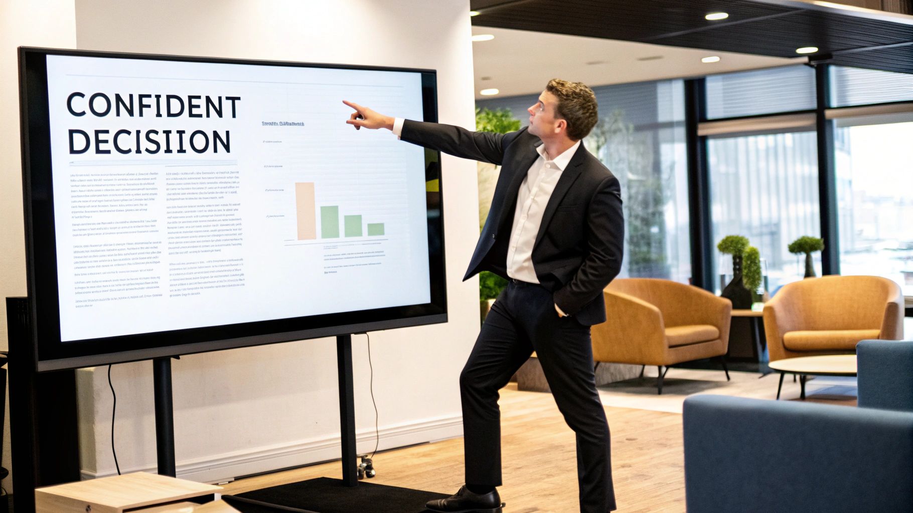 A group of professionals in a meeting room, looking at charts on a large screen, engaged in a discussion.
