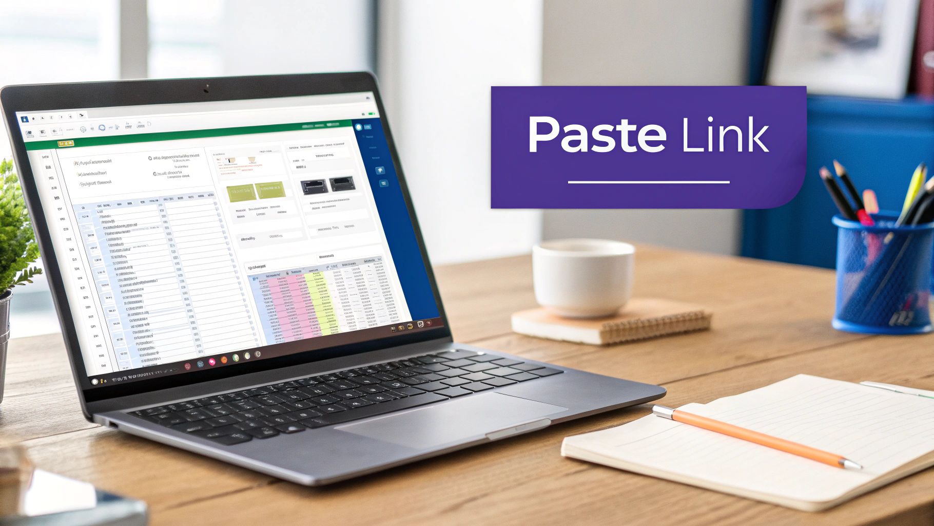 A laptop displaying a spreadsheet program on a wooden desk with a coffee cup, notebook, and a "Paste Link" banner.