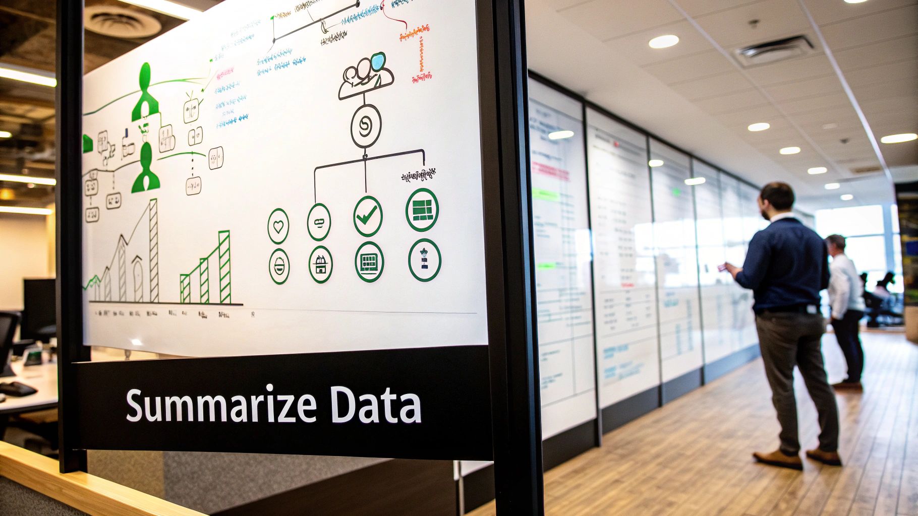 A large whiteboard with data diagrams, charts, and icons, featuring a 'Summarize Data' sign in an office.
