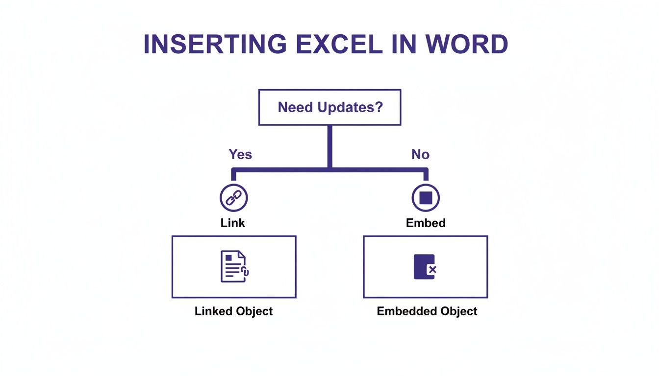 Flowchart explaining how to insert Excel in Word, choosing between linking for updates or embedding.