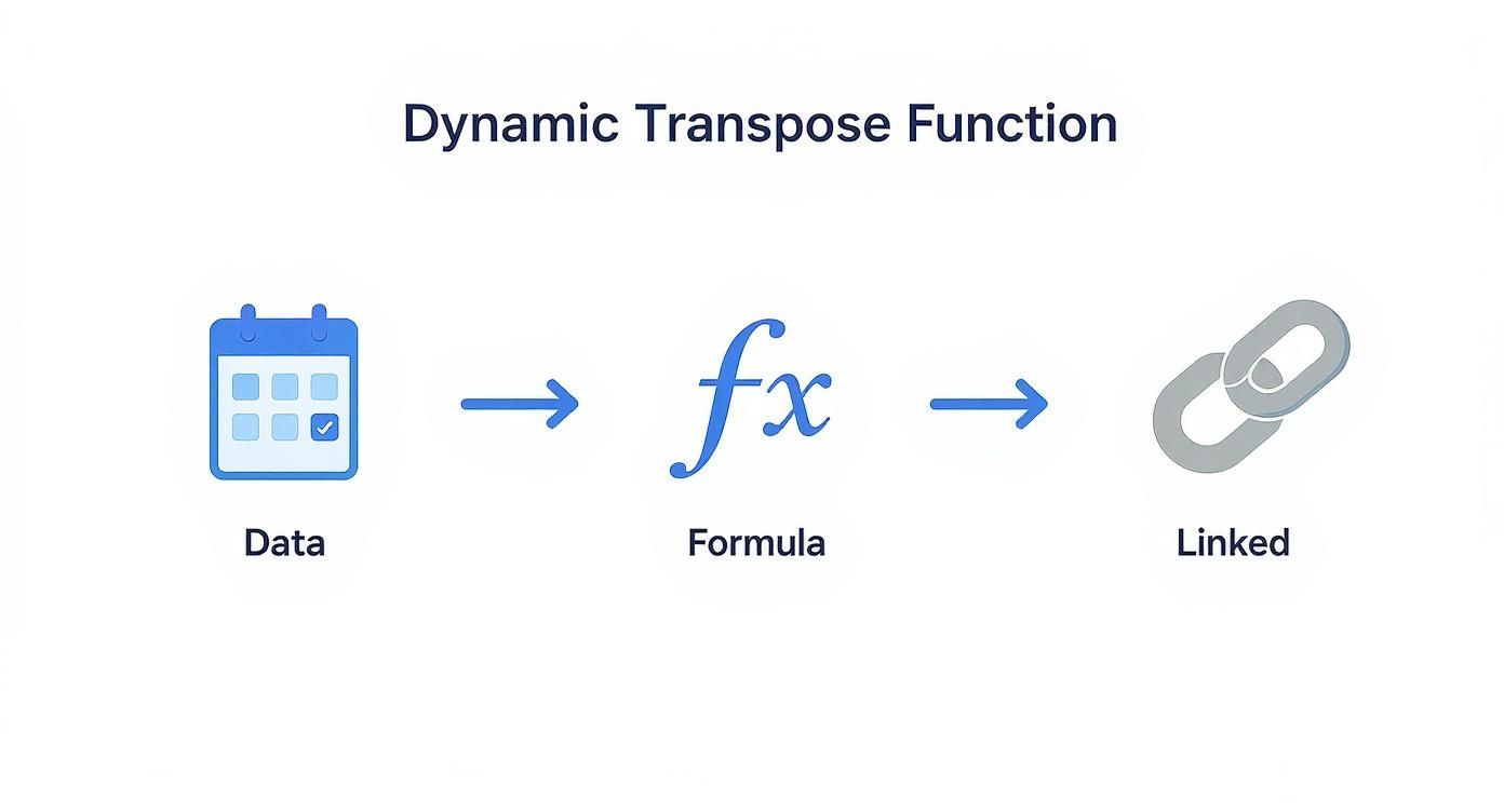 Diagram illustrating the Dynamic Transpose Function: Data (calendar icon) transforms via Formula (fx icon) into Linked output (chain icon).