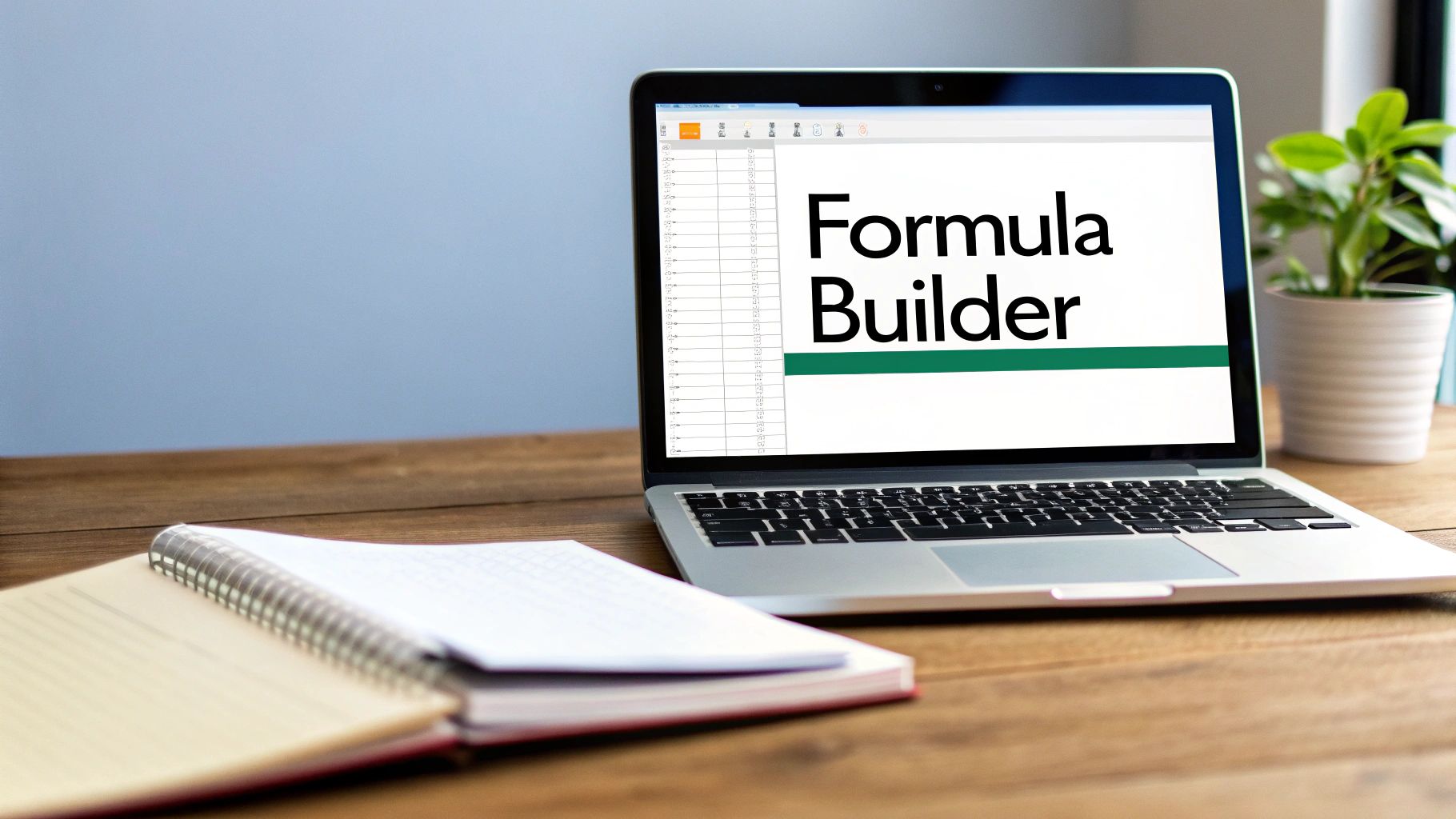 A laptop displaying 'Formula Builder' on a wooden desk in a workspace with a notebook and plant.