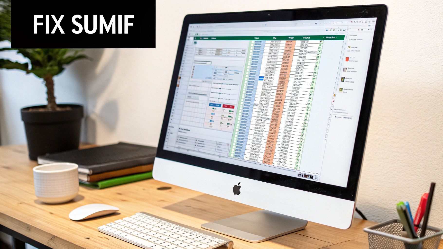 A person looking at an Excel spreadsheet with an error icon, indicating a formula problem.