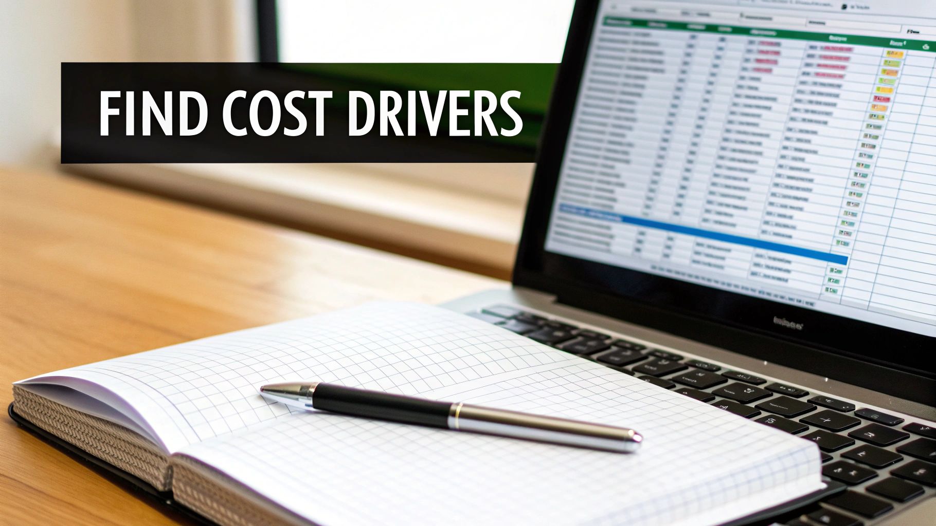 A person using a laptop with Excel spreadsheets and charts, surrounded by icons representing different business expenses like logistics, software, and supplies.