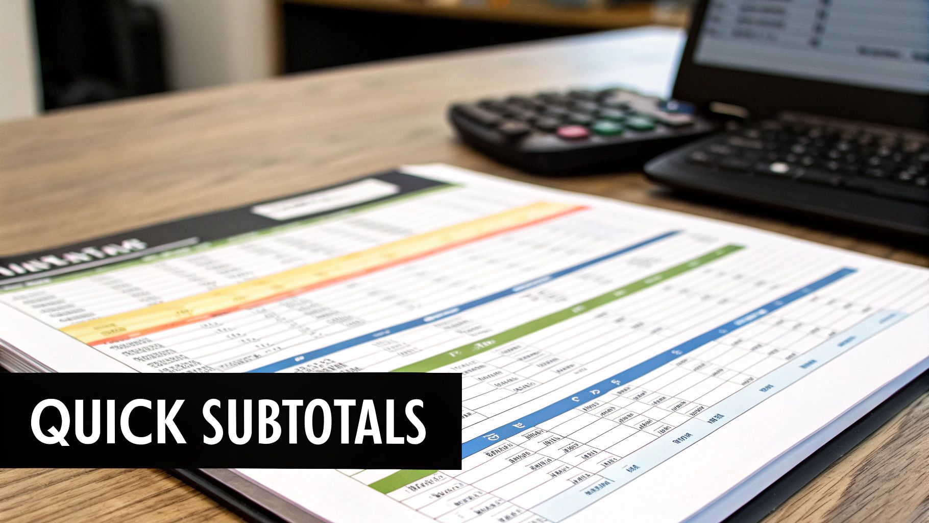 Colorful spreadsheet with highlighted rows and calculator on wooden desk for data analysis