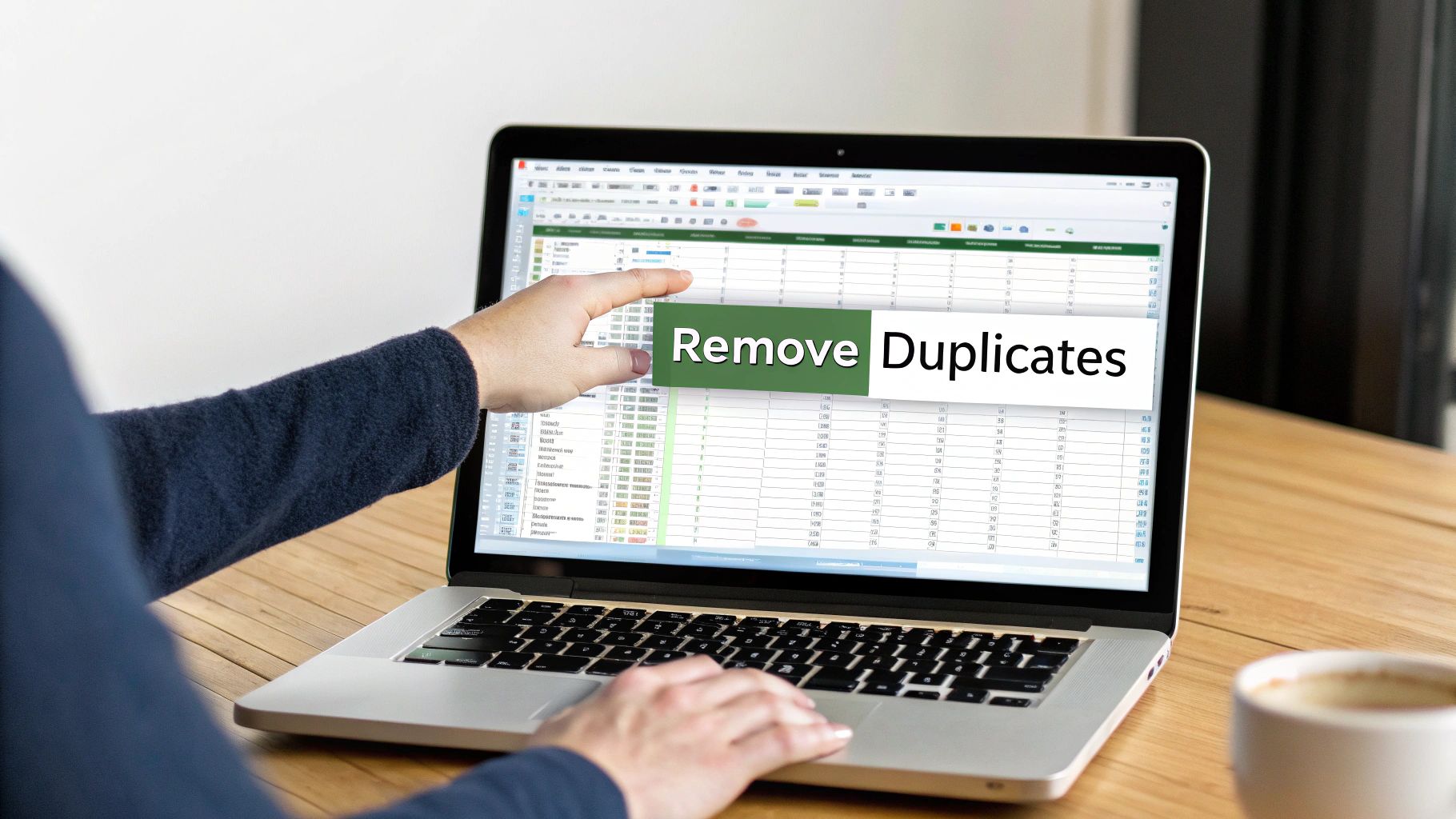 A hand points to a 'Remove Duplicates' button on a laptop screen displaying a spreadsheet.