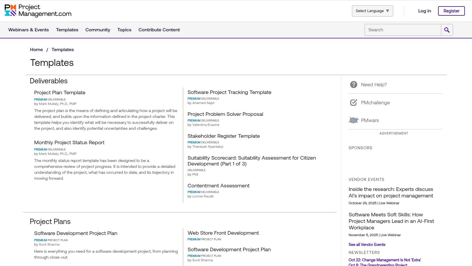 ProjectManagement.com (PMI community) Templates