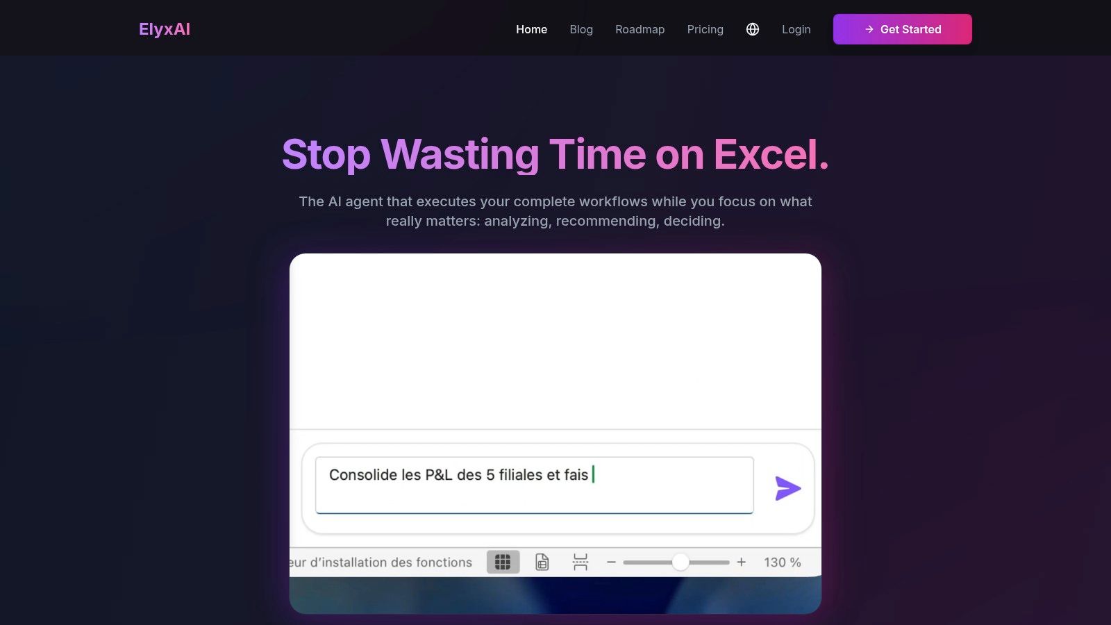 Elyx.AI agent executing a data transformation workflow directly inside an Excel spreadsheet
