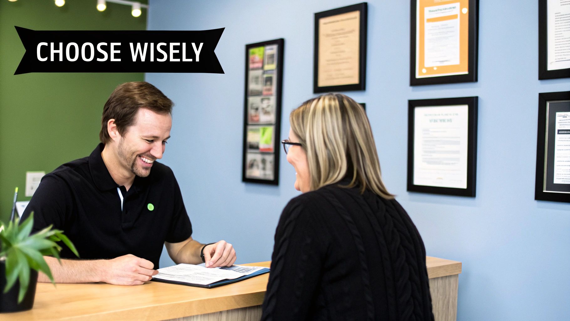 Two smiling people, a man and woman, discussing documents at a professional counter.