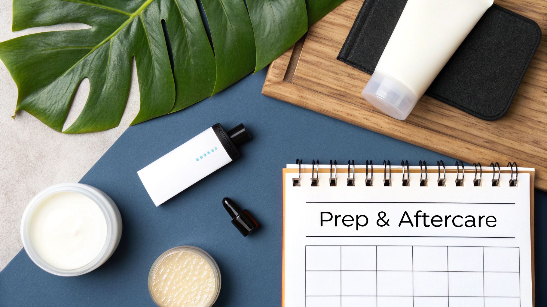 Flat lay of skincare products, a Monstera leaf, and a 'Prep & Aftercare' notebook.