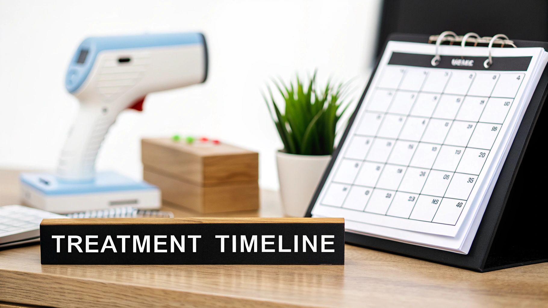 A desk with a "TREATMENT TIMELINE" sign, a calendar, and a medical thermometer.