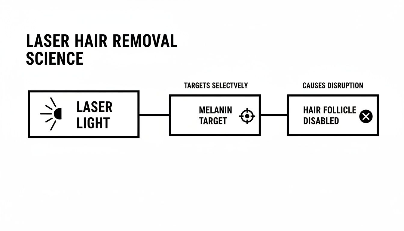 Flowchart illustrating laser hair removal science, showing laser light targeting melanin to disable hair follicles.