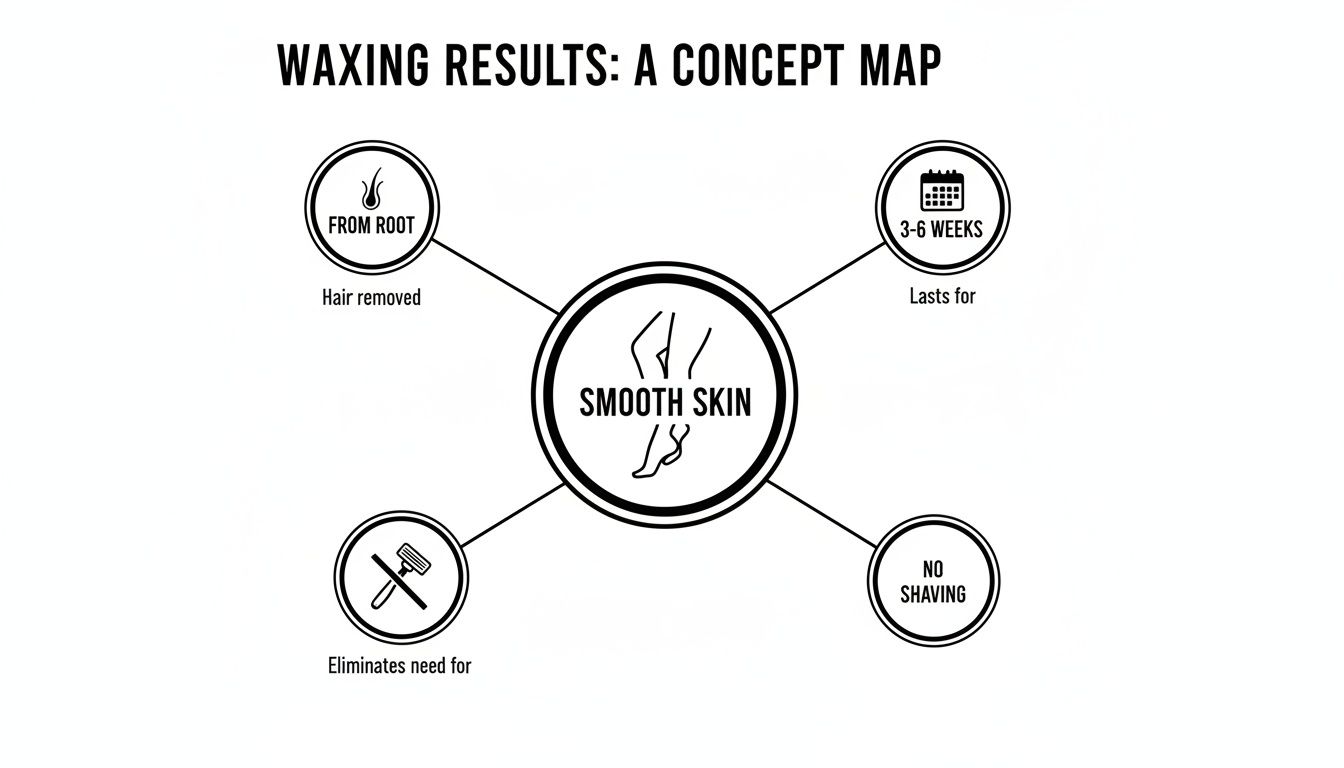 Concept map illustrating waxing results: smooth skin, hair removed from root, lasting 3-6 weeks, and no shaving.