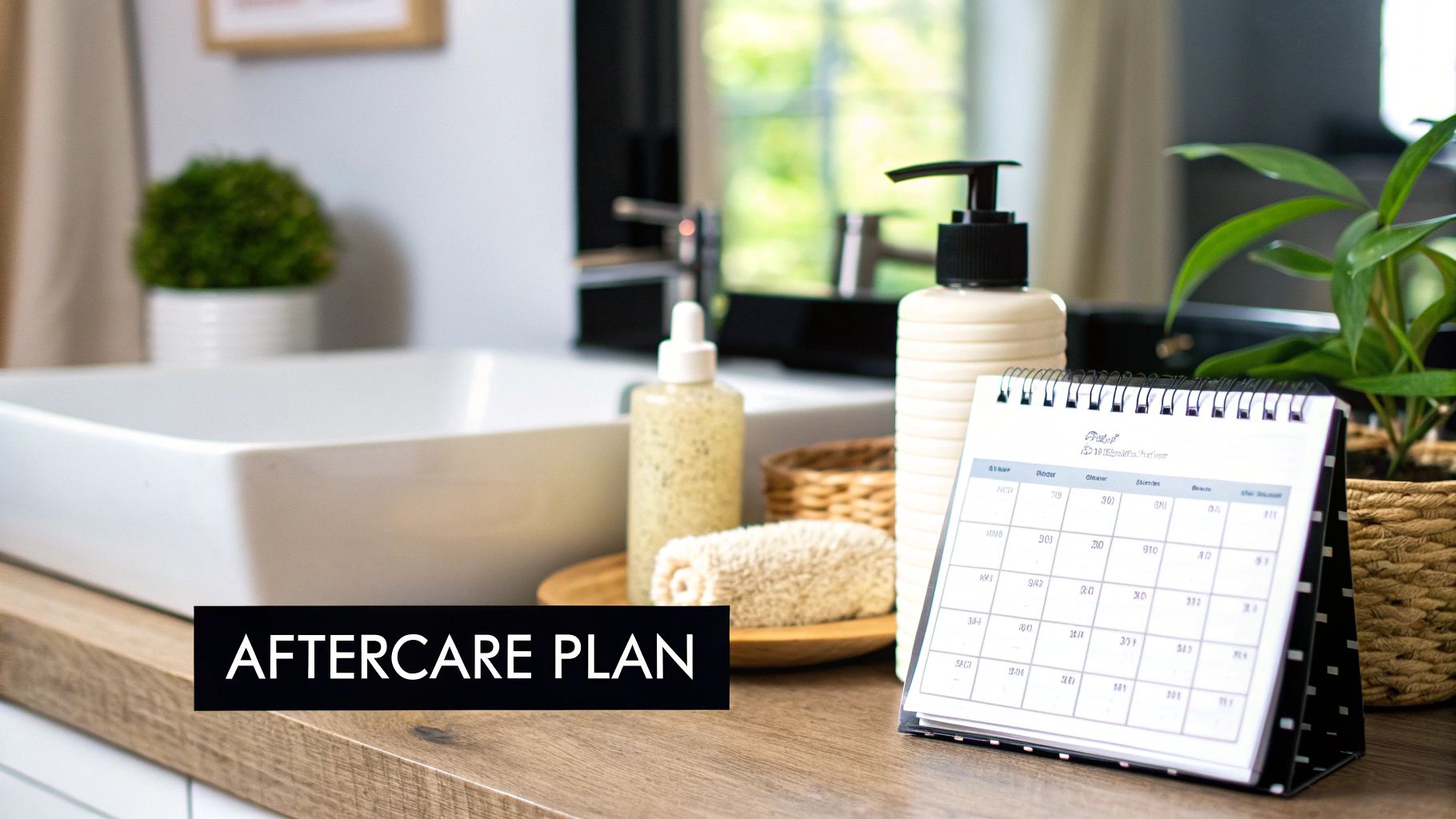 A clean bathroom counter with a white sink, soap bottles, a plant, and an aftercare plan calendar.