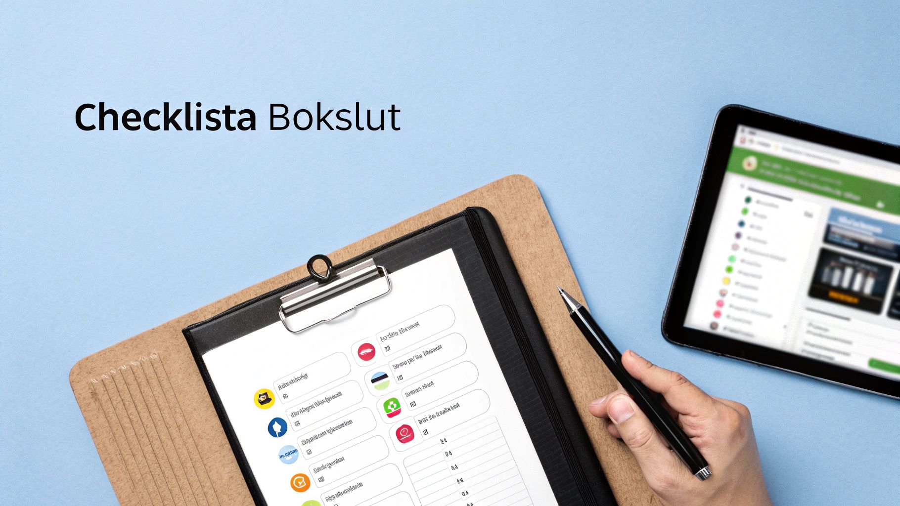 En hand håller en penna och skriver på en checklista för bokslut på en urklippstavla på ett blått bord.