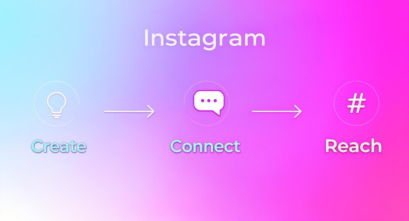 A visual guide showing 'Create', 'Connect', and 'Reach' steps for Instagram engagement.