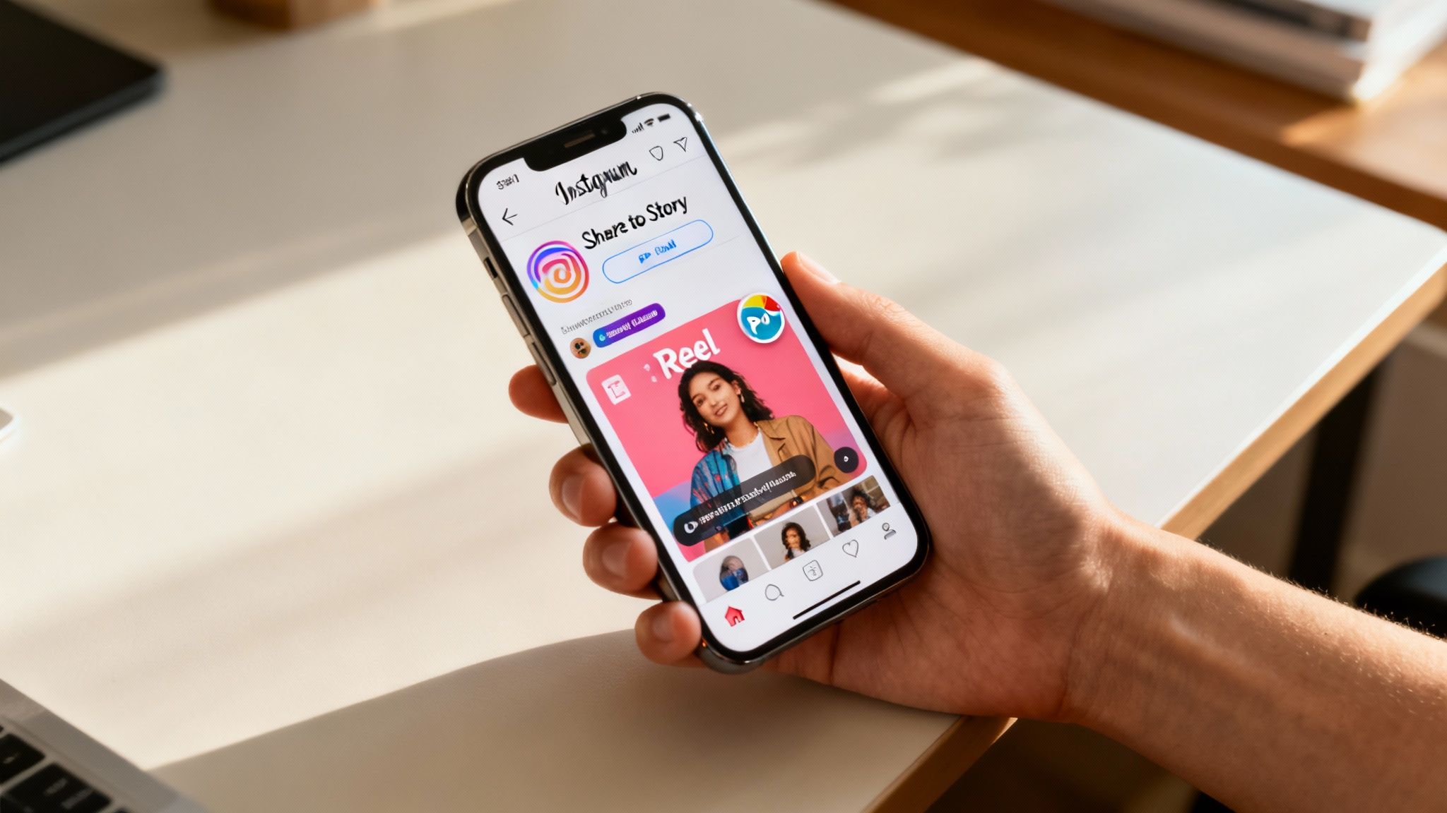 A person sharing their newly created Instagram Reel to their Story on a smartphone.