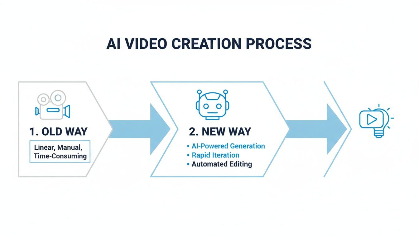 Diagramme illustrant le processus de création vidéo avec l'IA, comparant les méthodes manuelles anciennes aux nouvelles automatisations alimentées par l'IA.