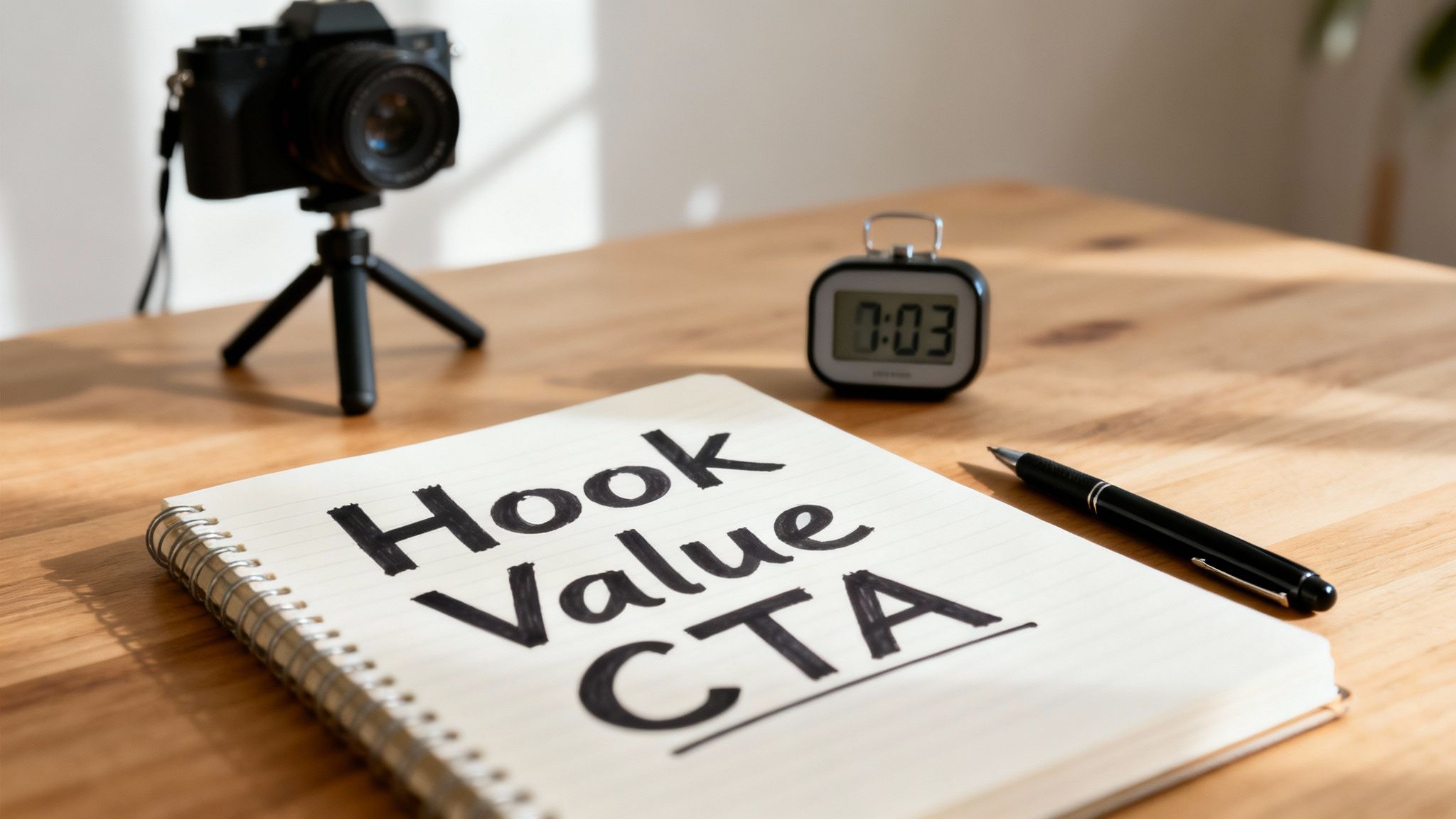 Close-up of a notebook with 'Hook Value CTA' next to a pen, camera, and clock.