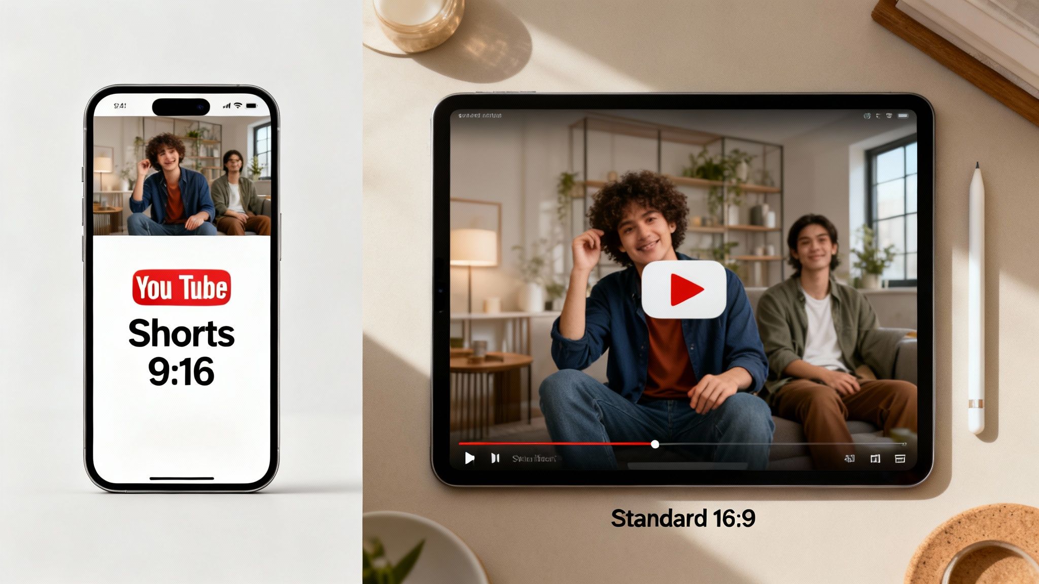 Smartphone and tablet displaying YouTube videos, comparing 9:16 Shorts with standard 16:9 aspect ratios.
