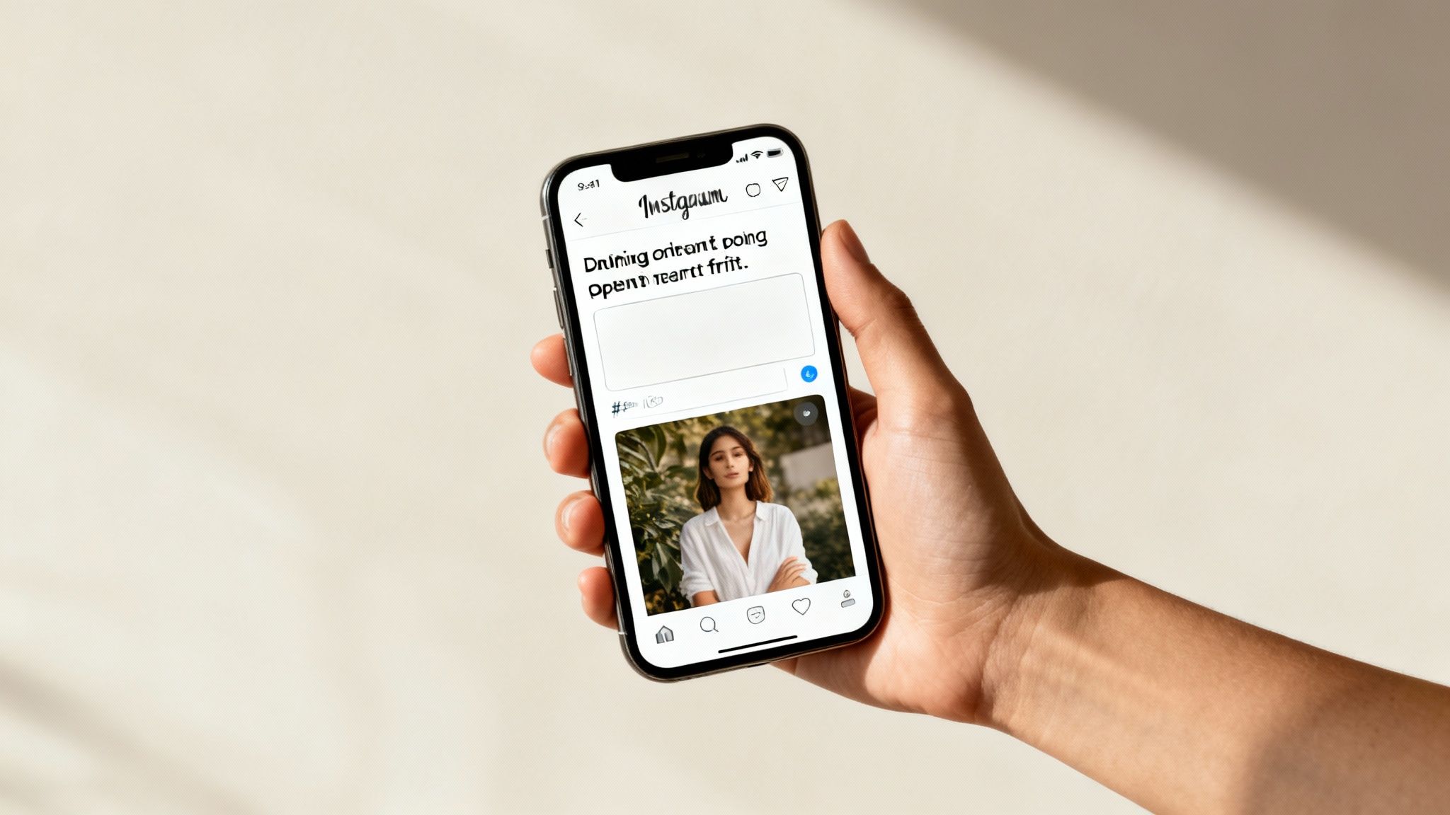 A hand holds a smartphone displaying an Instagram post creation screen with a woman's photo.
