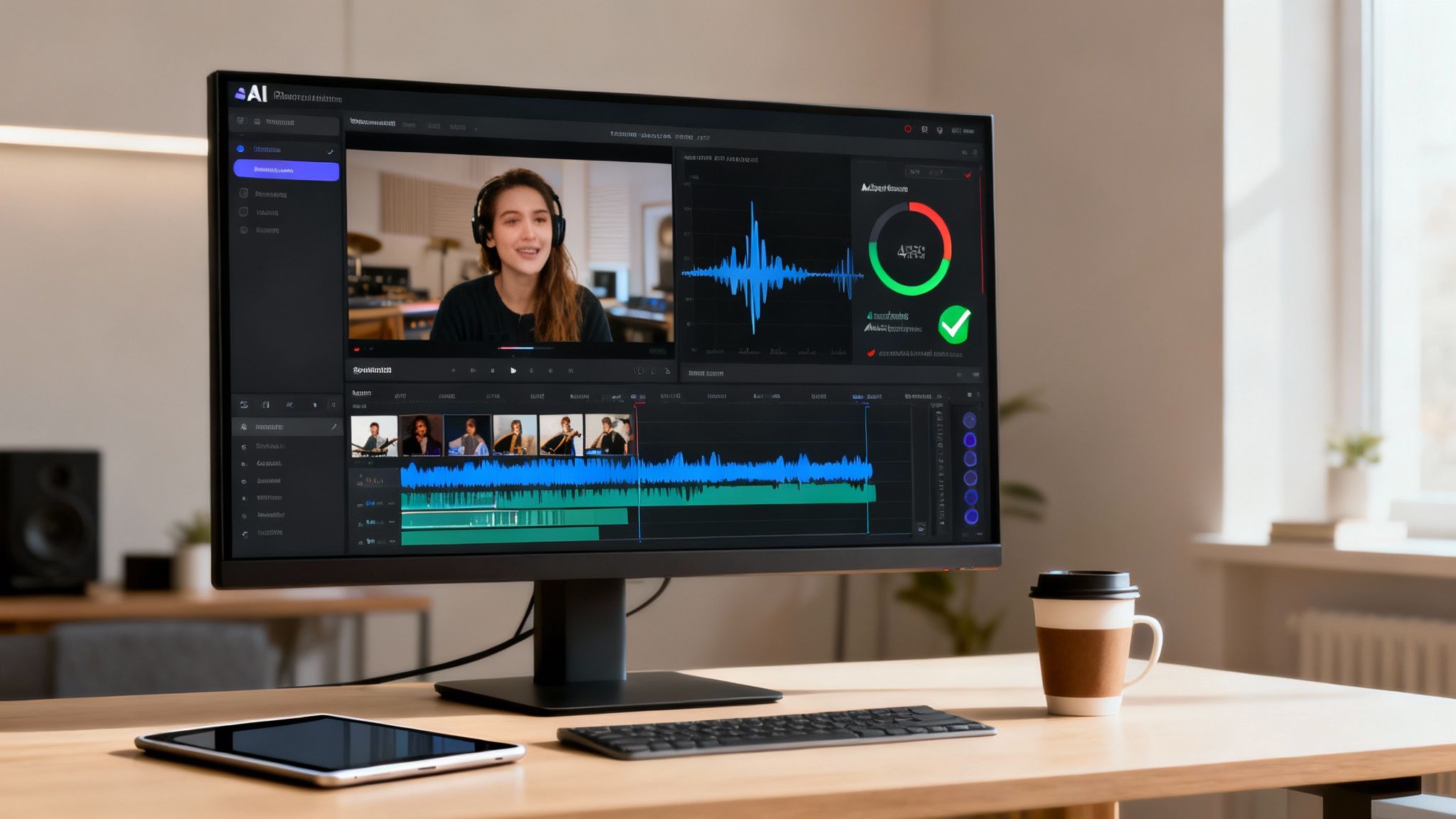 A monitor displays video editing software with a woman, audio waveforms, and timeline on a desk.