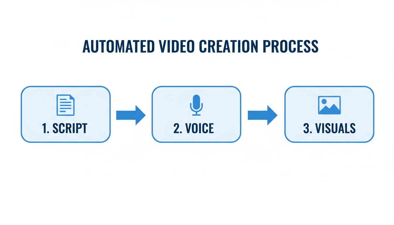 Fluxograma ilustrando o processo de criação de vídeo automatizado com etapas: 1. Roteiro, 2. Voz, 3. Visuais.