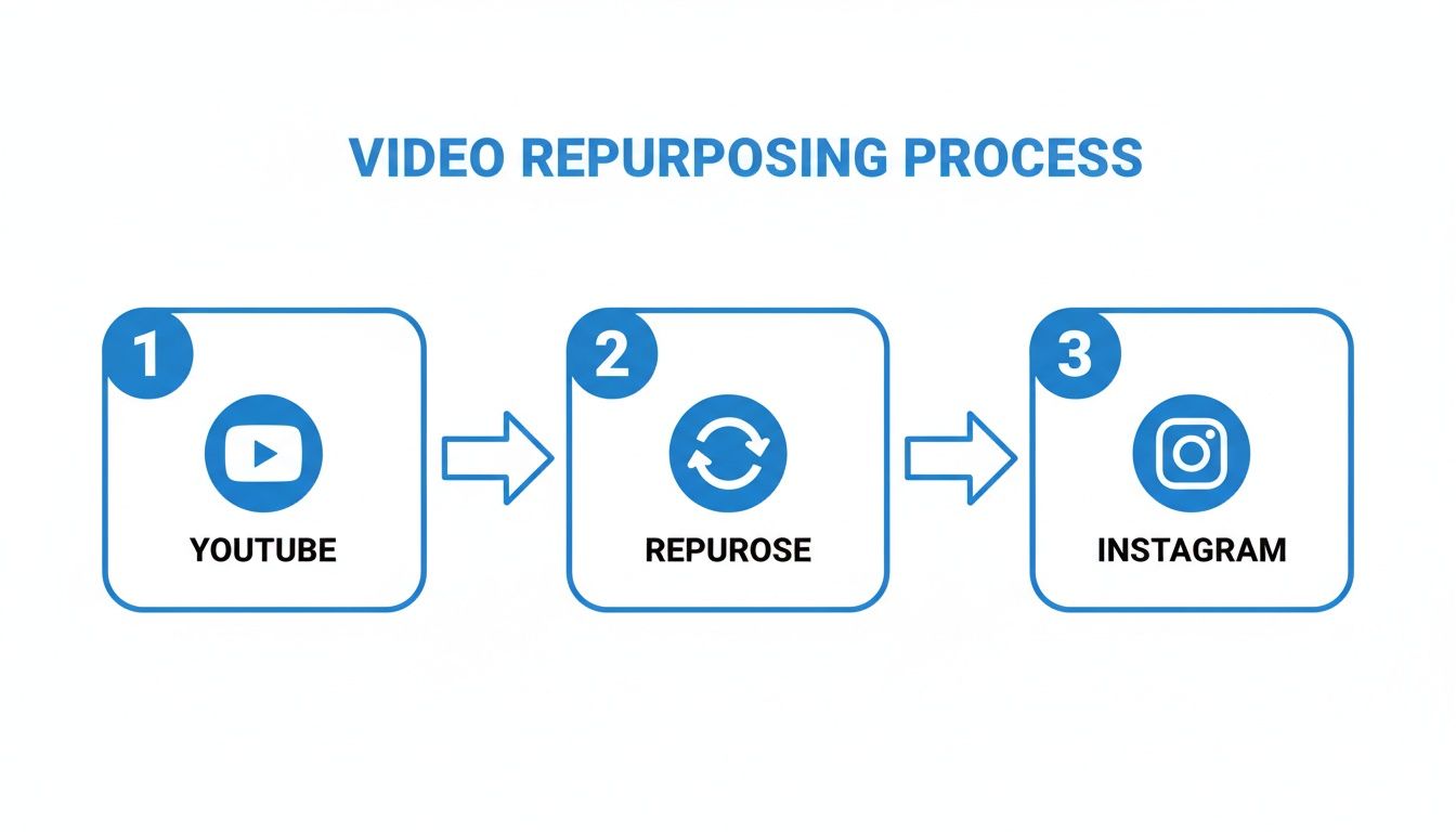 A flowchart showing the video repurposing process from YouTube to Instagram, through three steps.