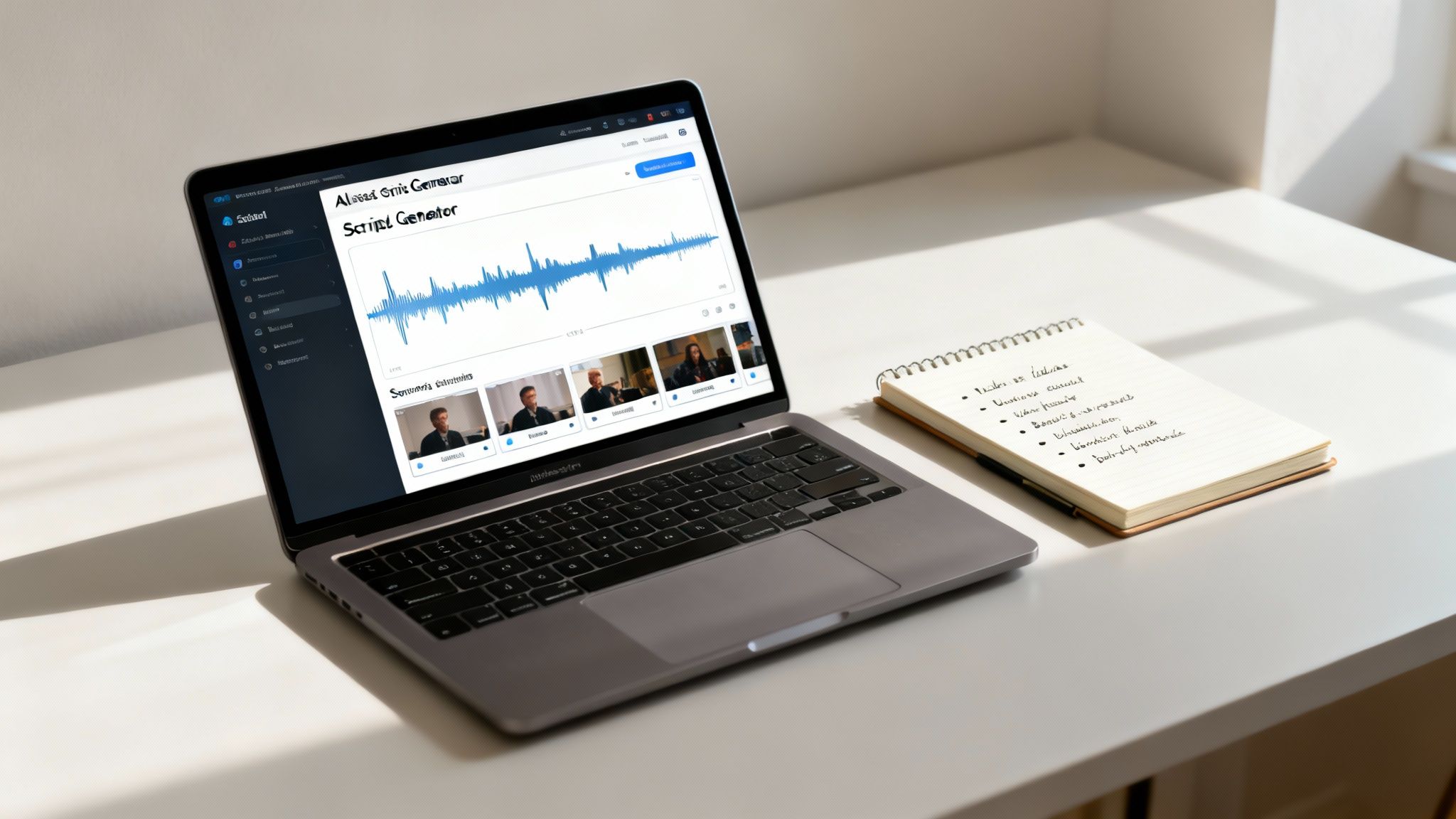 A laptop displays a 'Script Generator' application with an audio waveform, alongside a notebook and pen on a white desk.