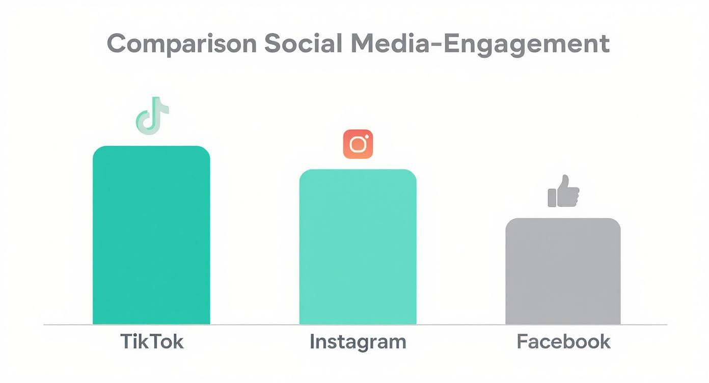 Infographic comparing the average engagement rates of TikTok, Instagram, and Facebook, with TikTok showing a significantly higher rate.