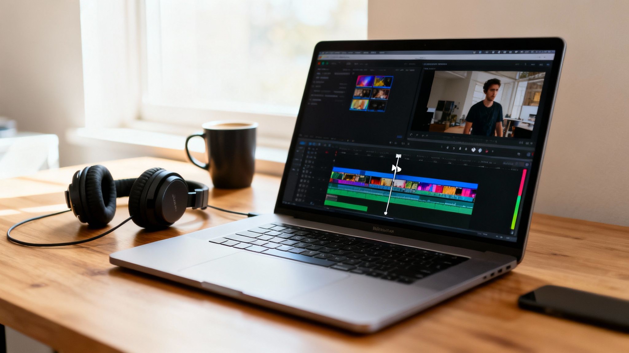 Person using a green screen effect on a laptop